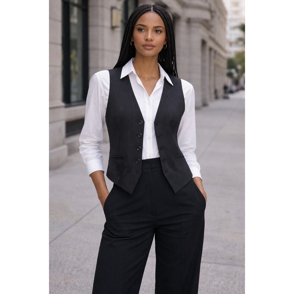 Franky Max Womens Pinstripe Vest Embroidered Detail Black Button Front‎ Small